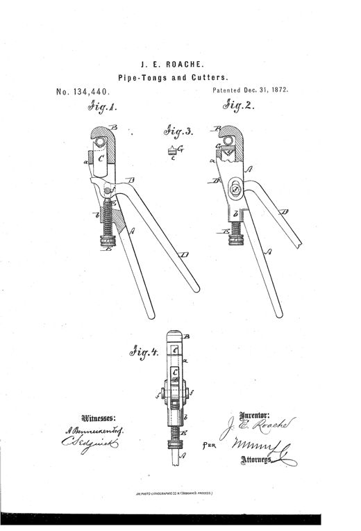 Patent drawing of pipe tongs showing a hook-shaped fixed jaw, a sliding jaw guided by an adjustable lever and fulcrum screw, with a detachable V-shaped cutter attachment shown in separate detail and edge views.