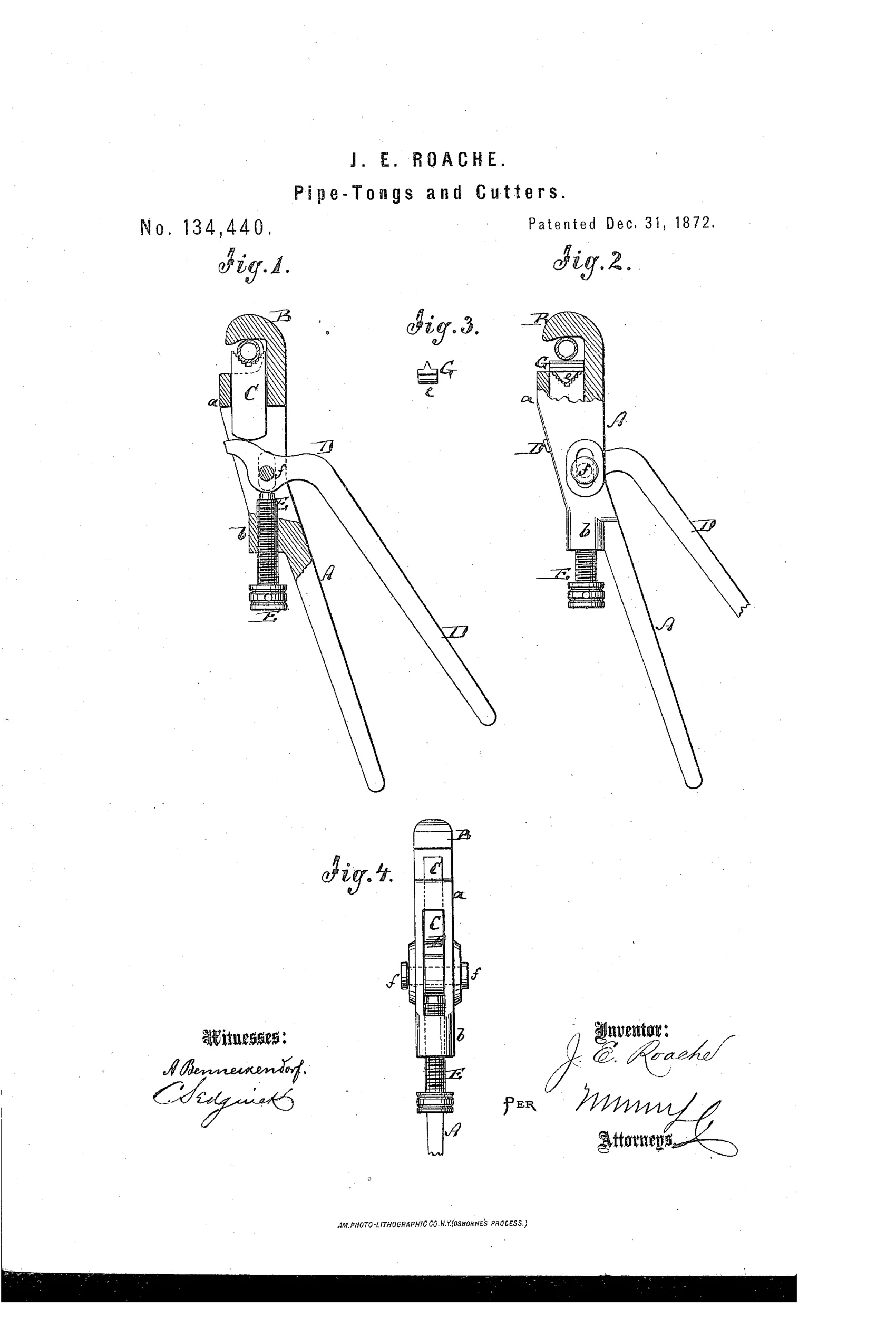 Patent drawing of pipe tongs showing a hook-shaped fixed jaw, a sliding jaw guided by an adjustable lever and fulcrum screw, with a detachable V-shaped cutter attachment shown in separate detail and edge views.