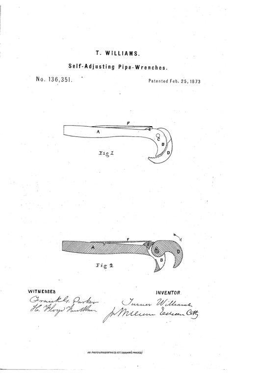 Patent drawing of a self-adjusting pipe wrench showing a long handle with a curved fixed jaw and a swinging toothed movable jaw connected by a pivot and spring mechanism, shown in both elevation and cross-section views.