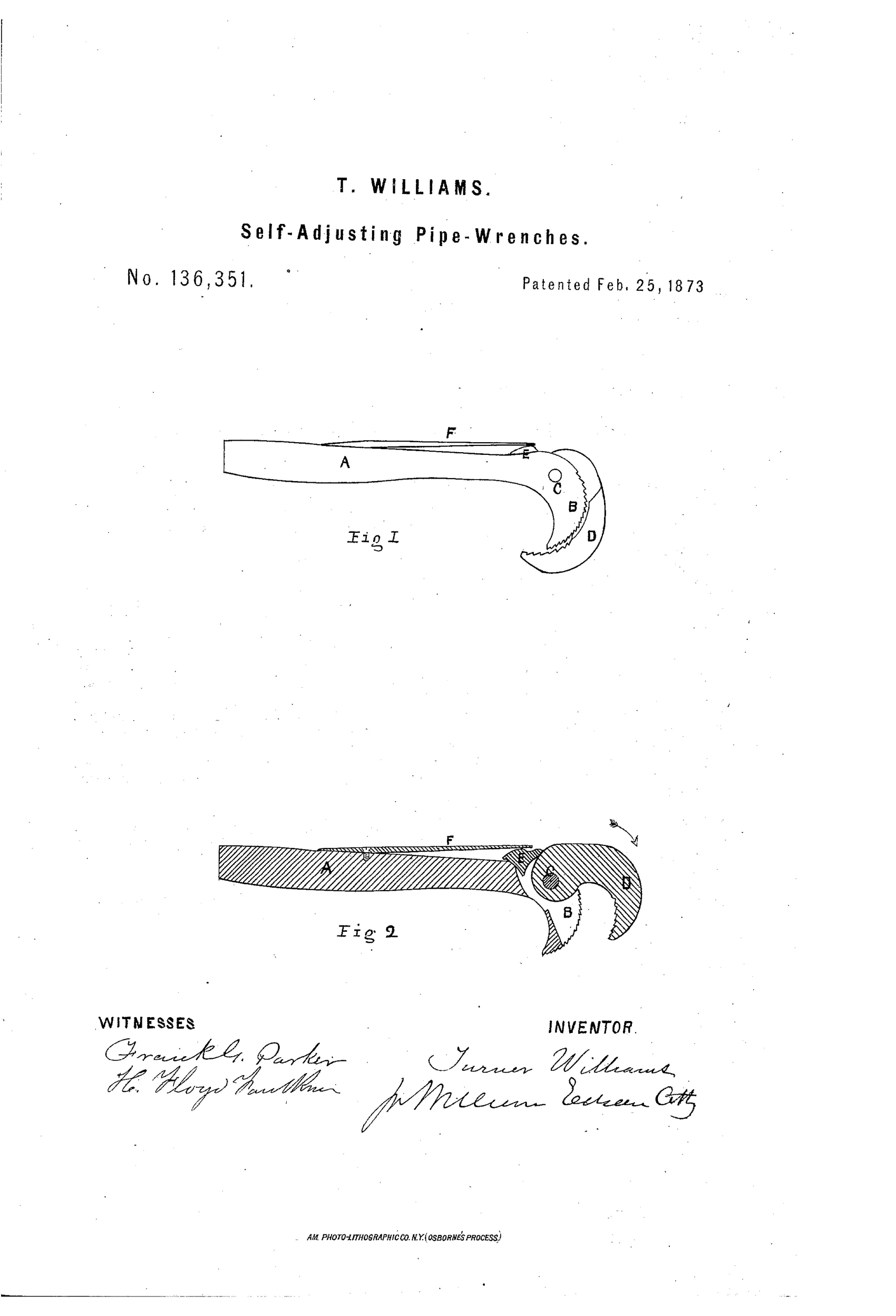 Patent drawing of a self-adjusting pipe wrench showing a long handle with a curved fixed jaw and a swinging toothed movable jaw connected by a pivot and spring mechanism, shown in both elevation and cross-section views.
