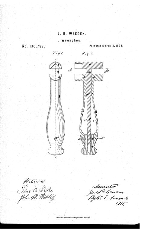 Two side-by-side technical drawings of a screw wrench: Fig. 1 shows the exterior profile with a rounded head and tapered handle, and Fig. 2 shows a cross-section revealing the internal shank, hollow handle, adjusting nut, and set-screw mechanism.