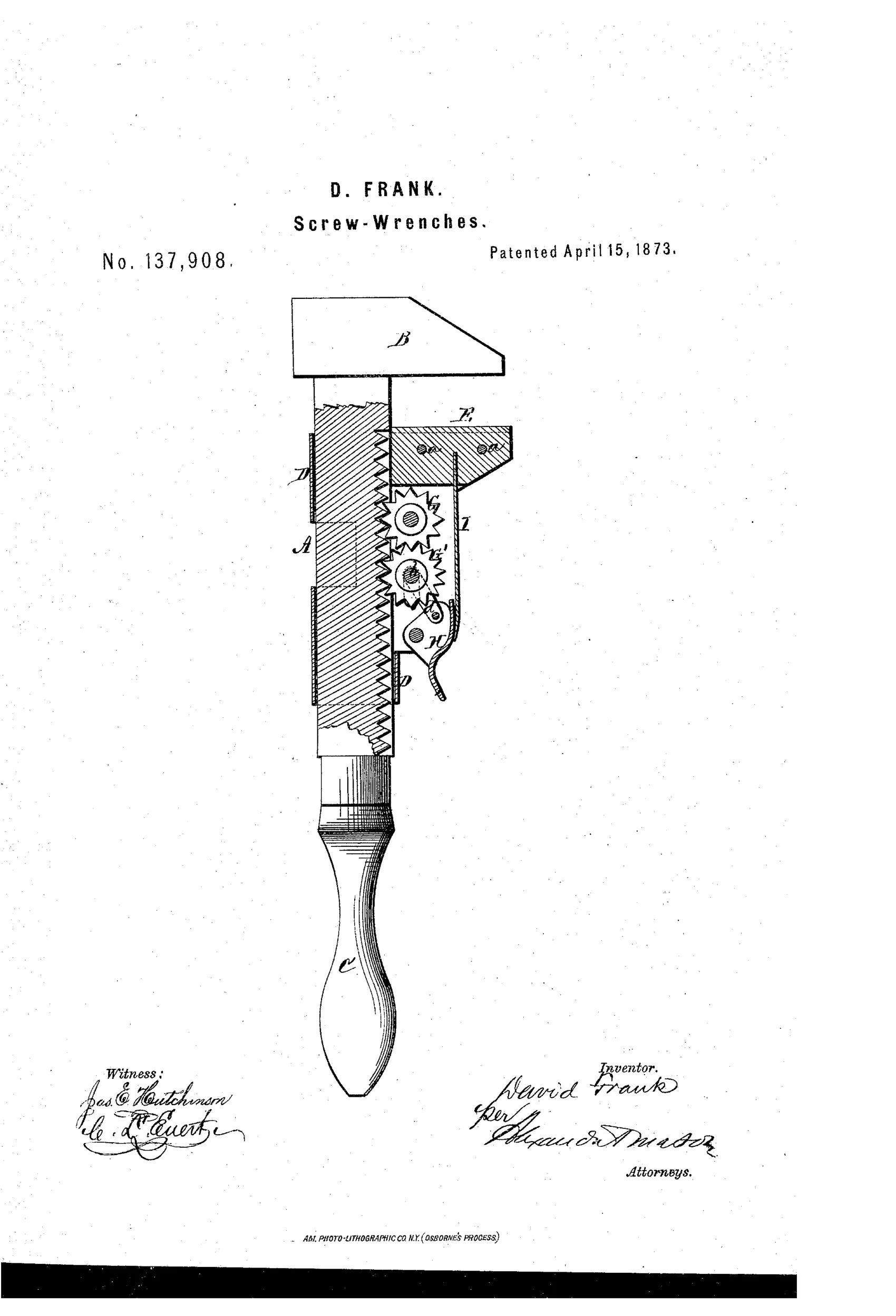 Patent drawing of a monkey wrench showing a toothed shank with fixed upper jaw, a sliding frame with movable jaw held by two interlocking gear wheels, a thumb-lever at the base of the frame, and a wooden handle below.