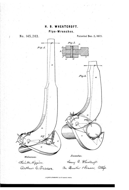 Patent drawing of a curved pipe wrench with a hooked serrated dog pivoting at the jaw end, shown gripping a small pipe in Figure 1 and a large pipe in Figure 2, with a cross-section of the pivot joint in Figure 3.