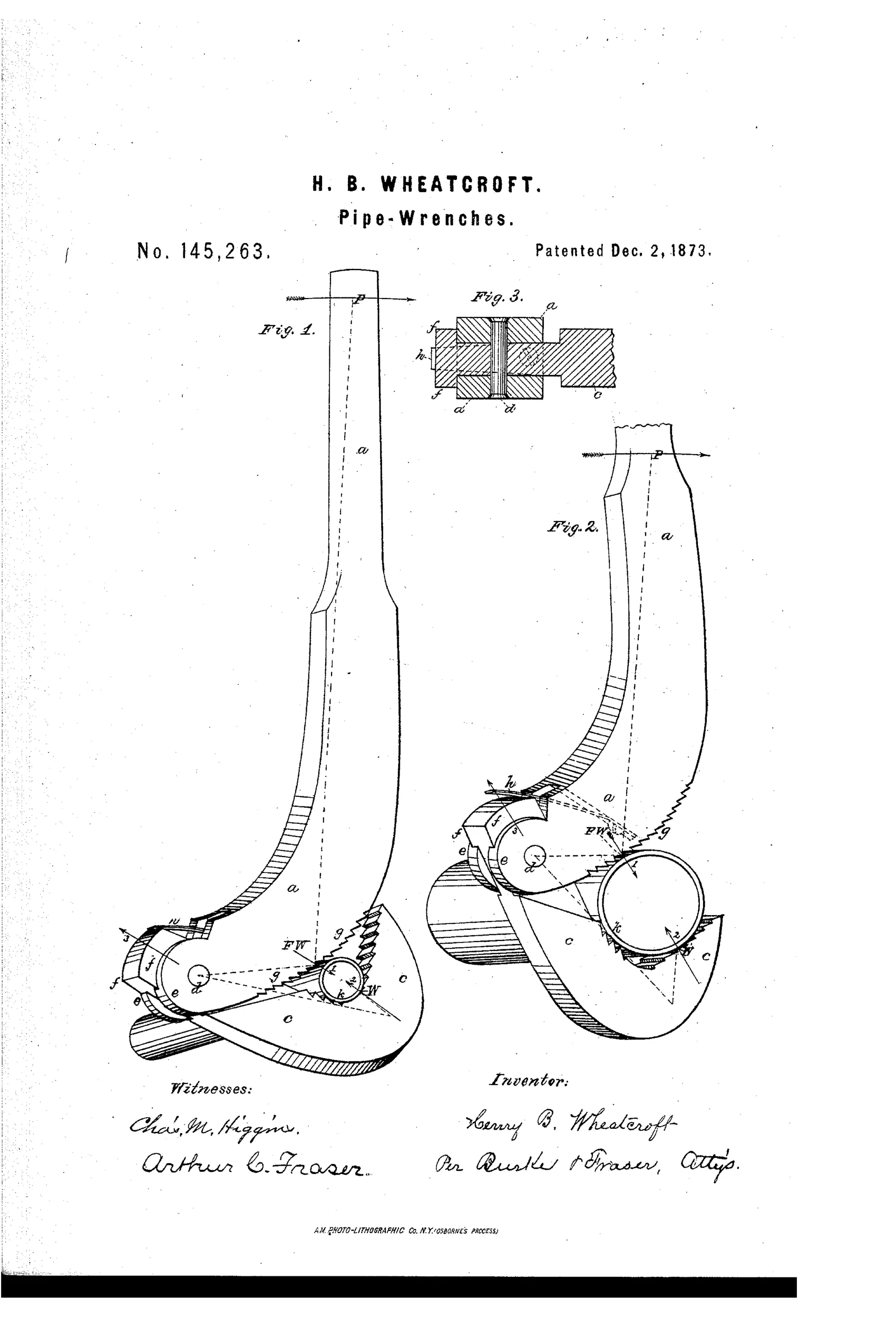 Patent drawing of a curved pipe wrench with a hooked serrated dog pivoting at the jaw end, shown gripping a small pipe in Figure 1 and a large pipe in Figure 2, with a cross-section of the pivot joint in Figure 3.