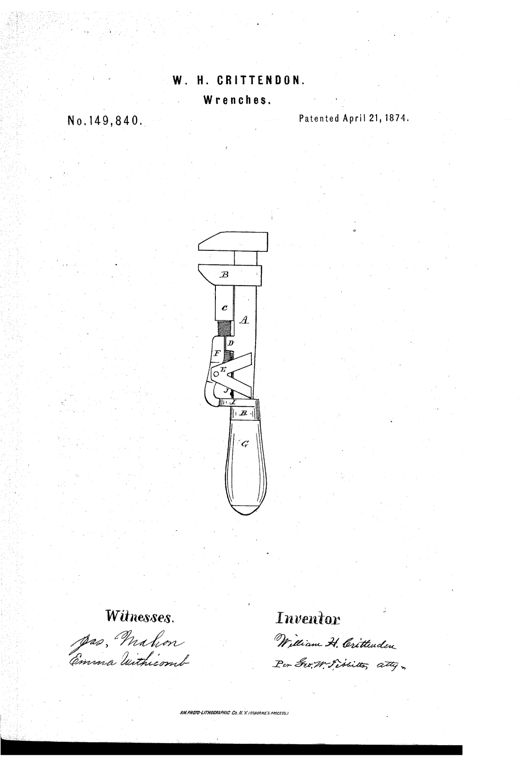 Side elevation of a monkey wrench showing the main lever A with fixed and movable jaws B, a threaded arm C locked by a half-nut D, a pivoted lever F, and a turned wooden handle G with a cam ferrule H,I at its base.