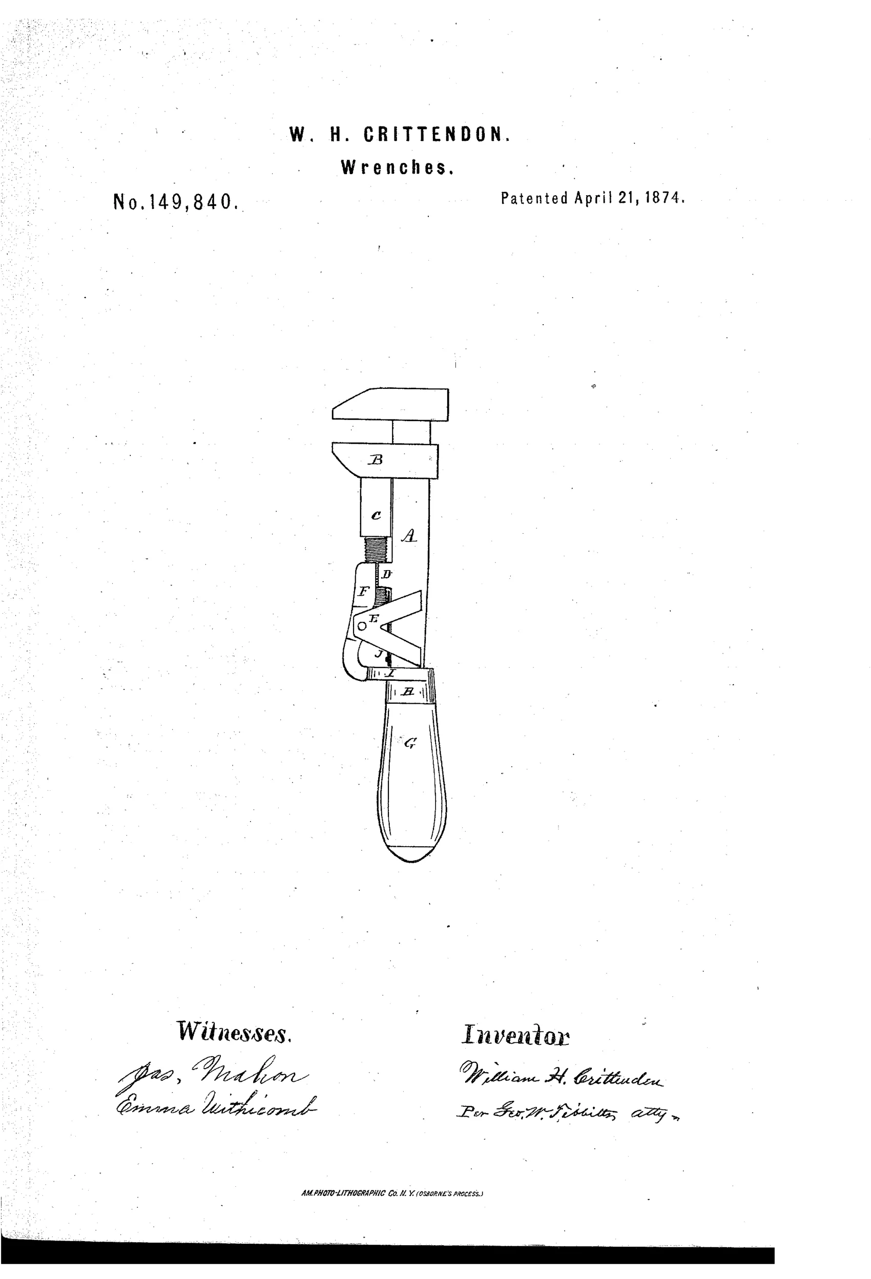 Side elevation of a monkey wrench showing the main lever A with fixed and movable jaws B, a threaded arm C locked by a half-nut D, a pivoted lever F, and a turned wooden handle G with a cam ferrule H,I at its base.