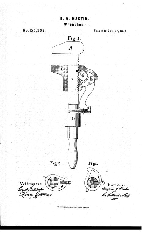 Patent drawing of a wrench showing a stationary jaw A with toothed shank B, a movable jaw C engaged by a pinion b, a locking sleeve D with cam, and a stop-pawl E, alongside two cross-section views (Figs. 2 and 3) illustrating the locked and unlocked positions of the pawl and pinion mechanism.