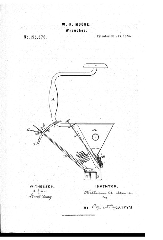 Patent drawing of a crank-handled wrench with a curved handle ending in a breast-piece, a ratcheting lever mechanism with labeled pawl, ratchet, and jaws, and a small funnel-shaped oil-can mounted near the jaw assembly.