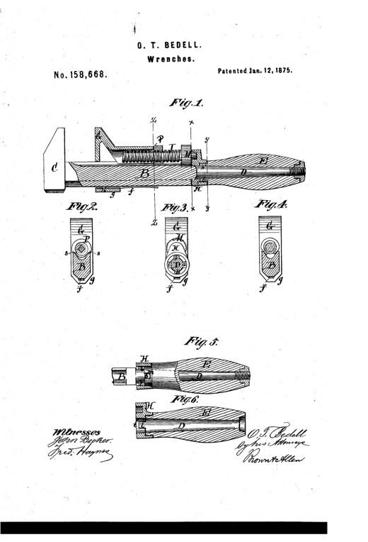 Patent drawing of an 1875 adjustable screw wrench showing a fixed jaw C, a sliding jaw G on an angular bar B, a threaded adjustment screw with milled head M, and a wooden handle E attached via a ferrule H, with cross-sectional figures 2 through 4 illustrating the hexagonal bar profile and jaw fit.