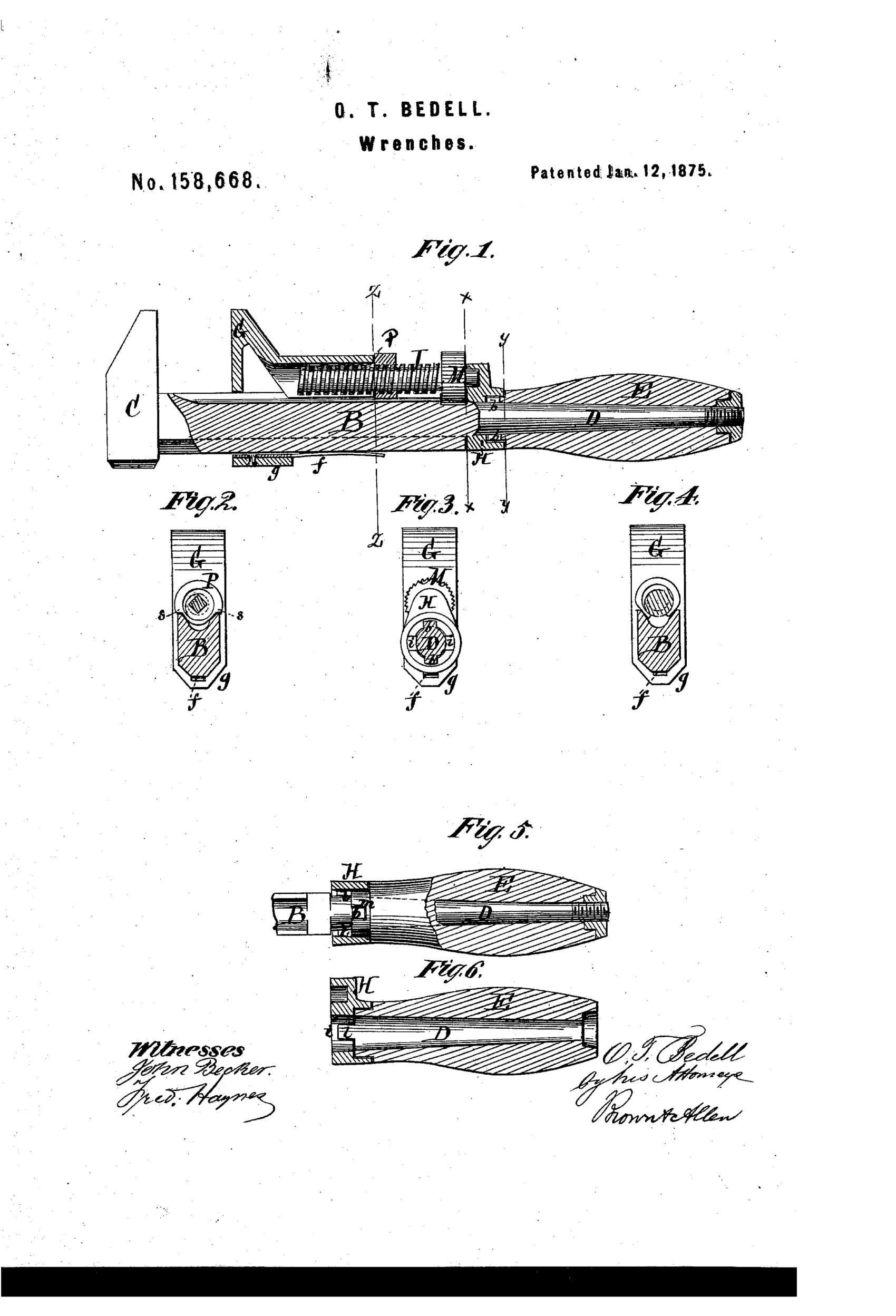 Patent drawing of an 1875 adjustable screw wrench showing a fixed jaw C, a sliding jaw G on an angular bar B, a threaded adjustment screw with milled head M, and a wooden handle E attached via a ferrule H, with cross-sectional figures 2 through 4 illustrating the hexagonal bar profile and jaw fit.