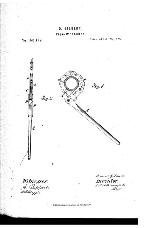 Patent drawing of a chain pipe wrench showing a long lever with a bent hooked end (A) engaging a circular chain of alternating double and single plate-links labeled B, C, D, and E wrapped around a pipe in Fig. 1, and a side elevation in Fig. 2 showing the stacked link construction.