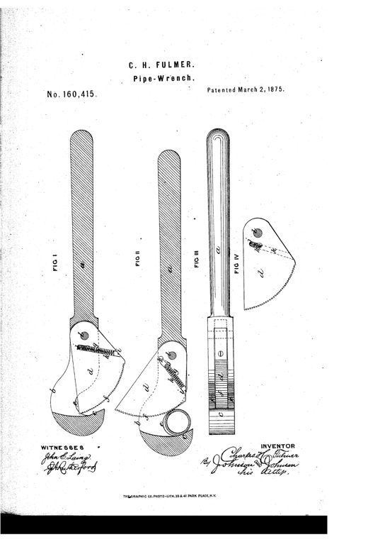 Patent drawing showing four figures of a 19th-century pipe wrench: a long straight handle (a) ending in a curved goose-neck jaw with a hooked head (c), a pivoted serrated tongue (d) held by an internal coil spring (g) and pin (j), shown in three cross-section views and one detached close-up of the jaw mechanism.