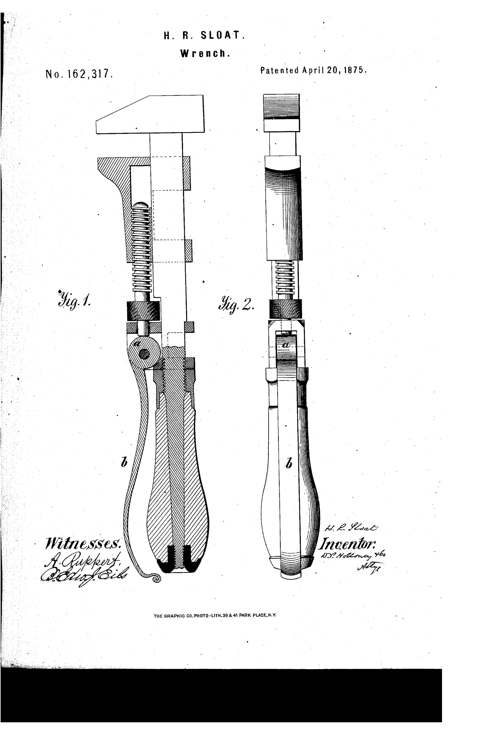 Two side-by-side technical drawings of a monkey wrench: Fig. 1 shows the full wrench with adjustable jaw and screw mechanism, and Fig. 2 shows a cross-section revealing an internal cam labeled 'a' with a separate locking lever labeled 'b' running down the handle.