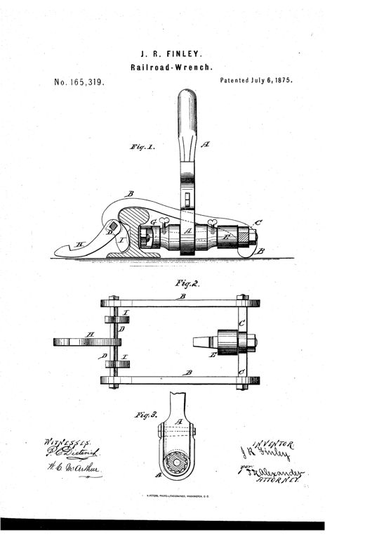 Patent drawing of a railroad wrench showing a ratchet handle mounted in a clamp frame with curved side bars, eccentrics, and a foot-piece hook designed to straddle a rail while tightening fish-plate nuts.