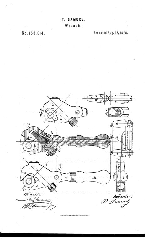 Patent drawing showing an S-shaped wrench with a movable jaw, adjusting screw, and a pivoted cam handle, along with several detail views of the internal cam and jaw components.