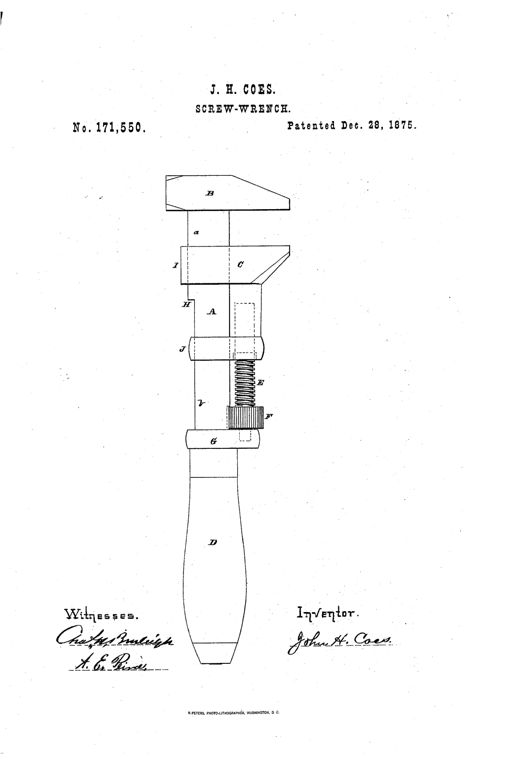 A patent drawing showing a side view of a screw-wrench with a wide stationary jaw at top, a movable jaw with clasp-bearings sliding on a reinforced bar, a knurled rosette and threaded screw mechanism in the middle, a ferrule collar, and a tapered wooden handle at the bottom.