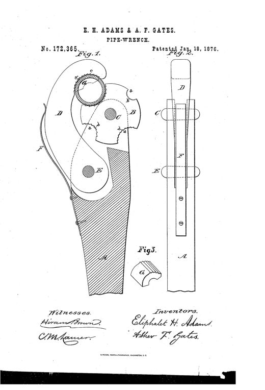 Patent drawing of a pipe wrench showing a toothed revolving disk (B) paired with a pivoted hook-jaw (D) at the head of a long handle (A), with a rear view of the handle showing internal bolts C and E and a spring F, plus a small separate toothed insert piece G.