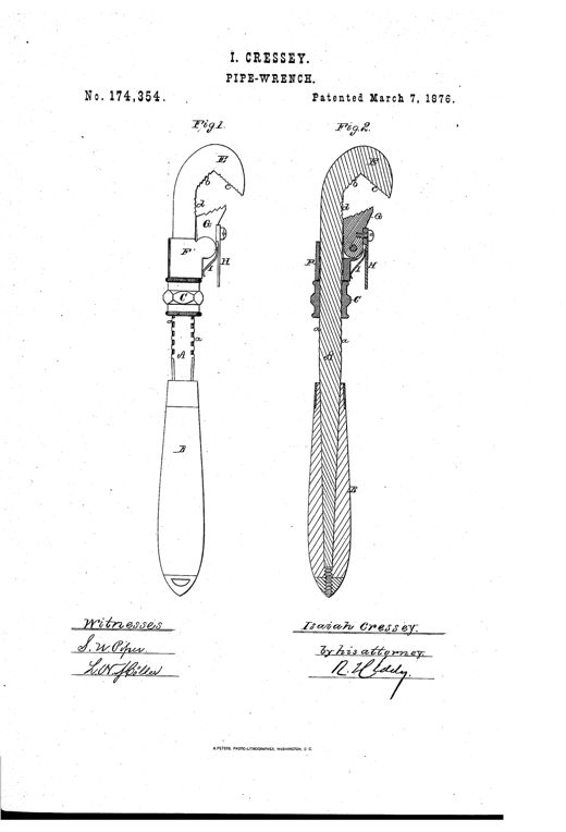 Two side-by-side technical drawings of a 19th-century pipe wrench, one showing the exterior elevation with a curved hook-jaw, threaded shank, sliding nut, and turned wooden handle, and the other a longitudinal cross-section revealing the internal screw threads and hatched metal components.