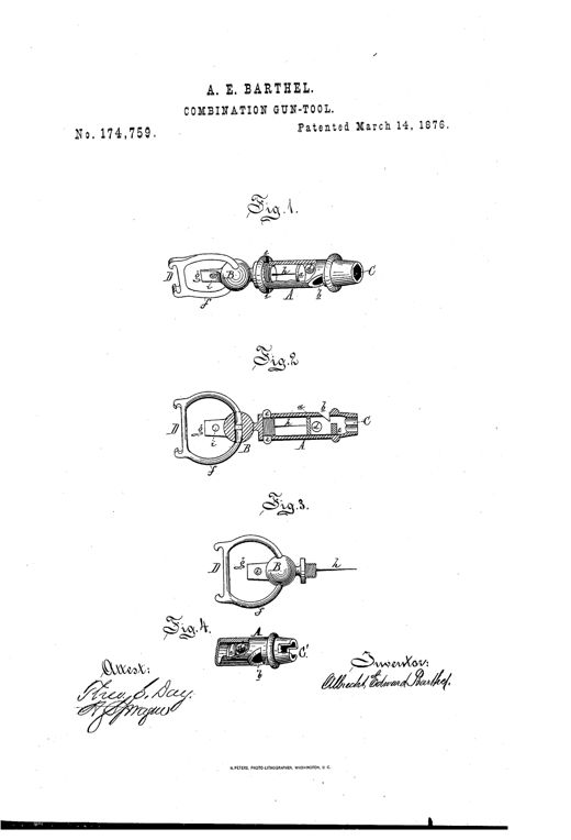 Line drawing of a slender cylindrical gun tool with a ring-shaped head (labeled D, f, g, i, B) at one end and a hexagonal socket (C) at the other, shown in perspective, section, and detached views with a modified nipple socket C' in a fourth figure.