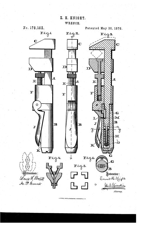 Patent drawing of a 19th-century monkey wrench showing side, back, and cross-section views with labeled parts including the fixed jaw C, movable jaw D, adjusting screw E, sliding bar A, handle B, spring H, and control lever J.