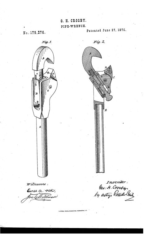 Two patent drawings of a pipe wrench: Fig. 1 shows the assembled tool with a curved hook-jaw, adjustable center block, and long handle; Fig. 2 shows a cutaway cross-section revealing the internal adjusting screw and hollow shank mechanism.