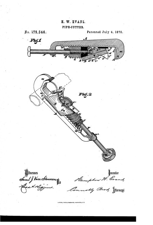 Patent drawing of a pipe-cutter tool showing a hooked jaw stock, sliding jaw, threaded feed-spindle, and a reversible rectangular cutting bit held in a small carrier block, illustrated in both cross-section and perspective views.