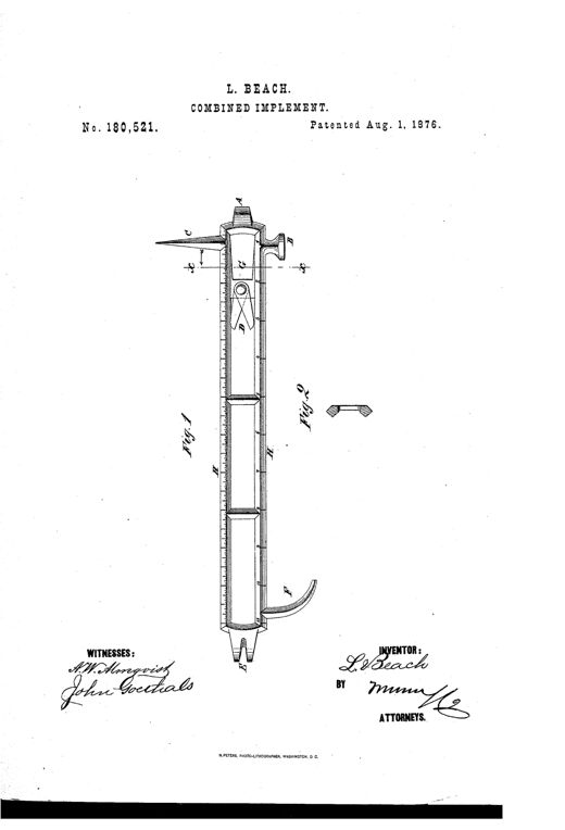 Elongated multi-tool with a screwdriver tip, hammer head, and pyramid ice-pick at one end, a forked tack-puller at the other, ruler markings along the shaft, and a curved poker/pot-lifter finger and small sharpening plates along its length.