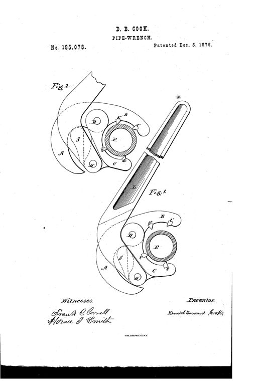 Patent drawing of a hinged pipe wrench with a long slotted lever, two toothed curved gripes labeled B and C, a sliding shoulder S, and a hinge joint H, shown both open (Fig. 1) and closed around a pipe P (Fig. 2).