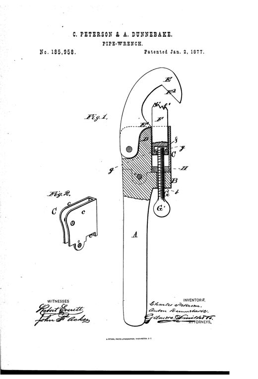 Patent drawing of a pipe wrench showing a long handle A with a hooked jaw E at the top pivoted in a casing C, a sliding straight jaw F with knurled ridges, an adjusting screw rod G with a round thumb-piece G' below, and a separate detail view (Fig. 2) of the casing bracket with recesses c c.