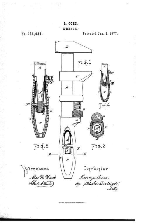 Patent drawing of a screw wrench showing the full side view with adjustable jaws and rosette screw, plus cross-sectional details of the cast metal handle with internal nut and shank.