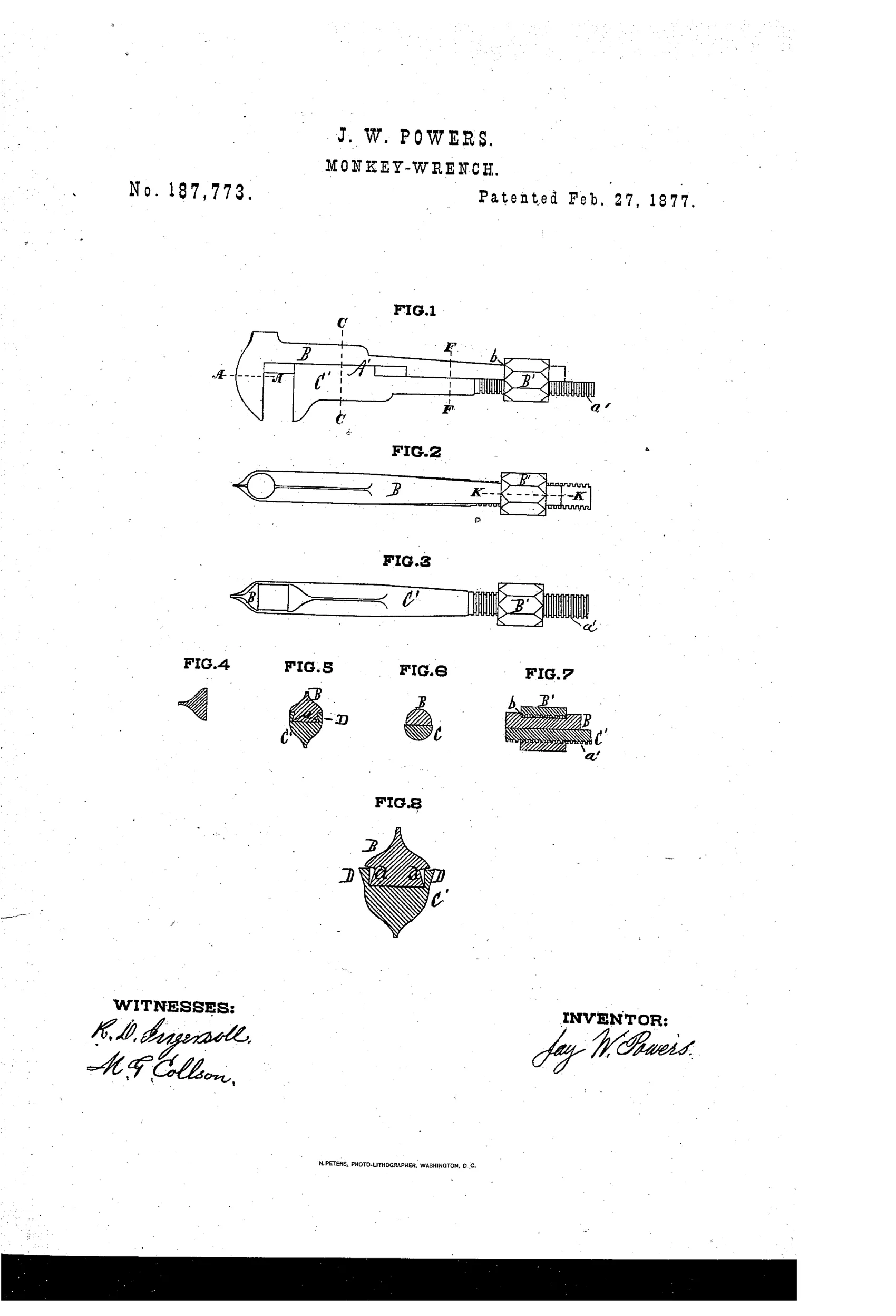 Patent drawing of a 19th-century monkey wrench showing side, front, and back views with labeled jaws, threaded stem, and adjusting nut, along with several small cross-section diagrams of the jaw and flange design.