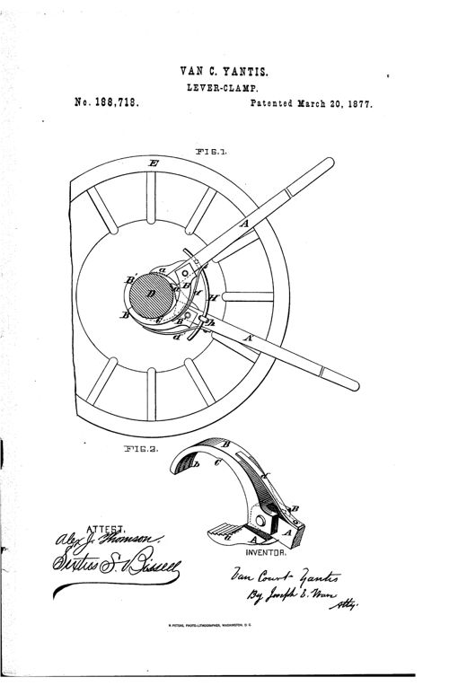 Patent drawing showing a spoked wheel with a lever-clamp device gripping its axle, plus a detailed perspective view of the curved, roughened clamp jaw mechanism below.