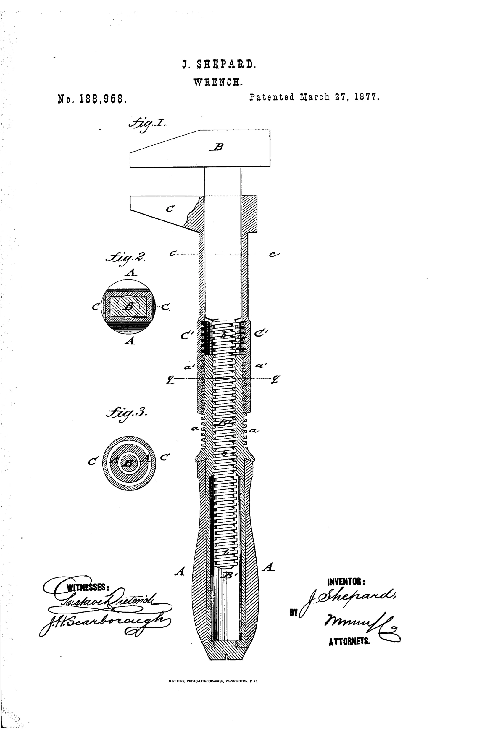 Patent drawing of a hollow-handled wrench shown in vertical cross-section, with threaded jaw shanks visible inside, plus two small circular cross-section diagrams labeled Fig. 2 and Fig. 3 showing the oblong and round threaded shank profiles.
