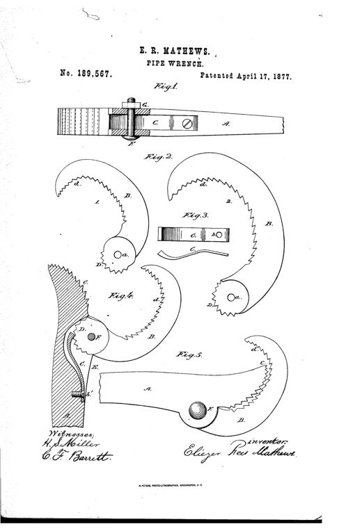 Patent drawing showing a pipe wrench lever with a toothed end, several interchangeable curved toothed hooks, a spring ratchet-catch mechanism, and two views of the lever and hook assembled in open and closed positions.