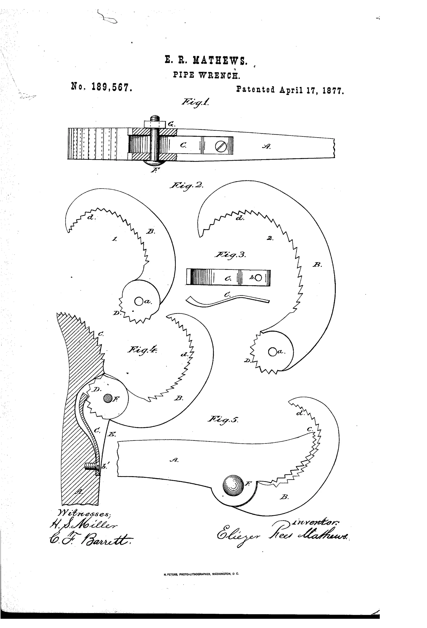 Patent drawing showing a pipe wrench lever with a toothed end, several interchangeable curved toothed hooks, a spring ratchet-catch mechanism, and two views of the lever and hook assembled in open and closed positions.