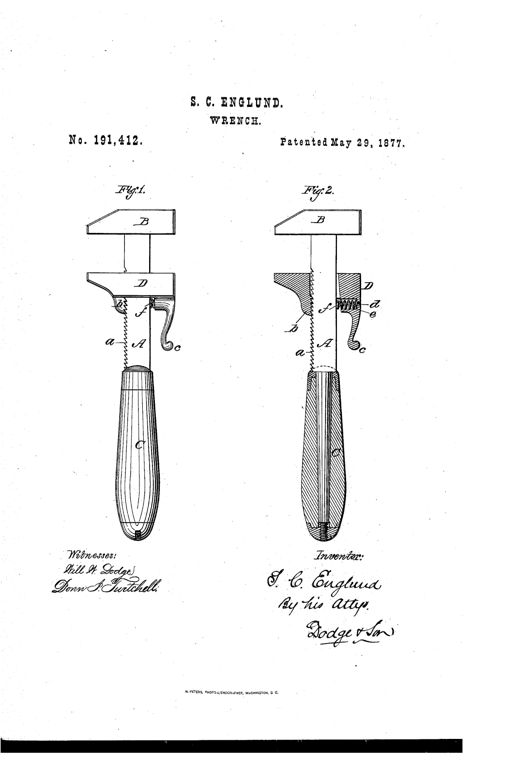 Two side-by-side line drawings of an adjustable monkey wrench: Fig. 1 shows the exterior with a fixed jaw B, sliding toothed jaw D, ratcheted bar A, thumb-piece c, and turned wooden handle C; Fig. 2 is a cutaway section revealing the internal spiral spring f seated in a socket e behind the sliding jaw, with a small access hole d.