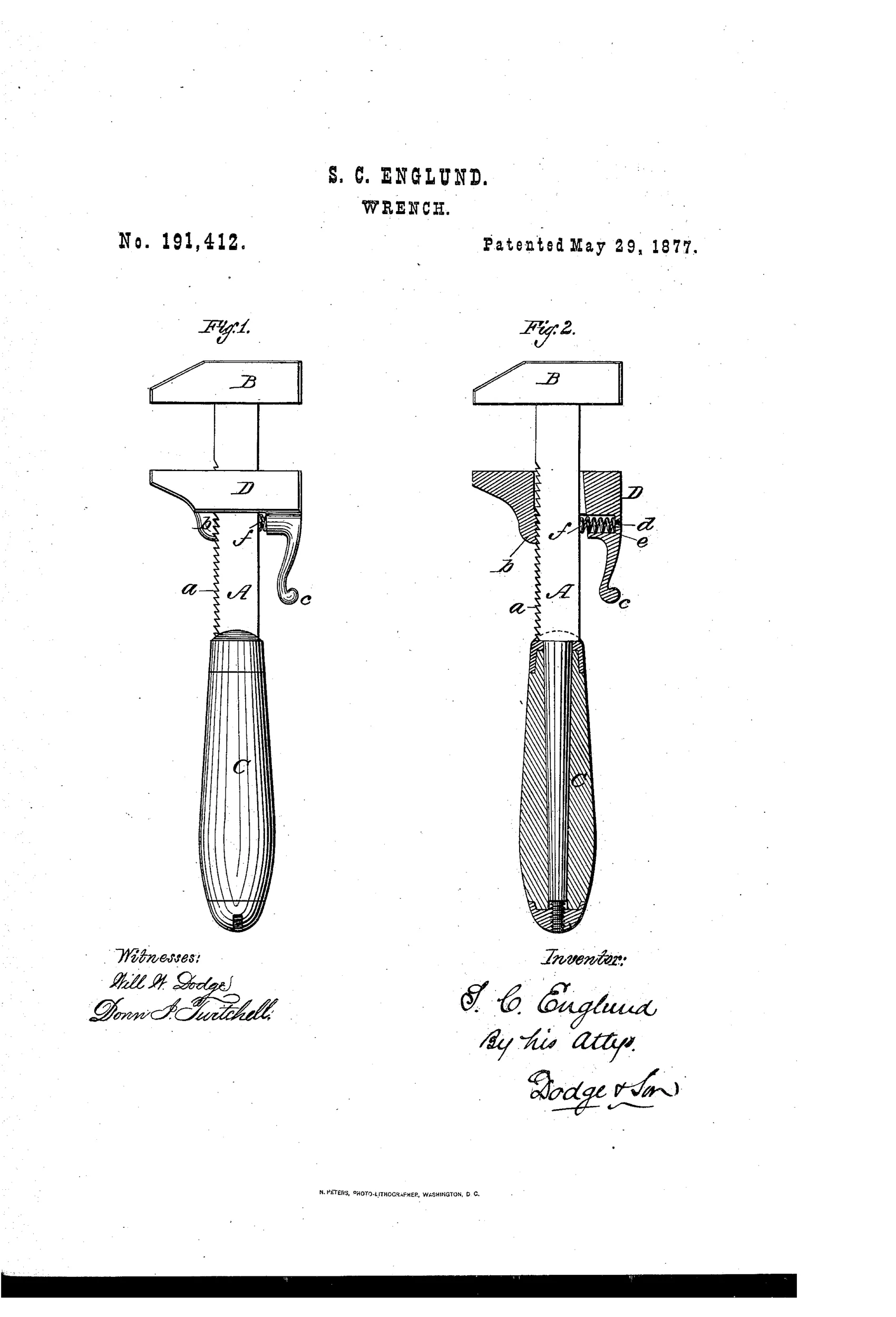 Two side-by-side line drawings of an adjustable monkey wrench: Fig. 1 shows the exterior with a fixed jaw B, sliding toothed jaw D, ratcheted bar A, thumb-piece c, and turned wooden handle C; Fig. 2 is a cutaway section revealing the internal spiral spring f seated in a socket e behind the sliding jaw, with a small access hole d.