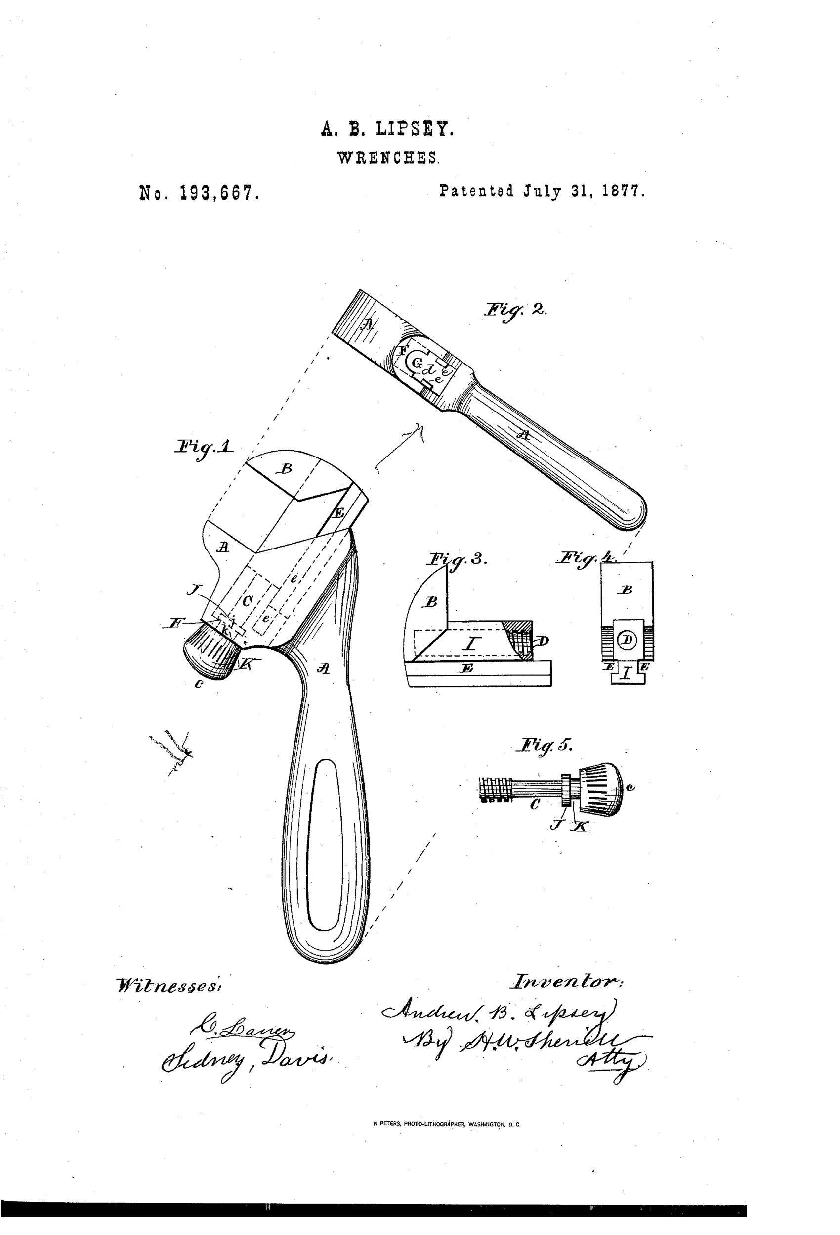 Patent drawing showing an adjustable monkey wrench with a long curved handle, a fixed and movable jaw in the head, and separate detail views of the sliding jaw and threaded adjusting screw with labeled parts A through K.