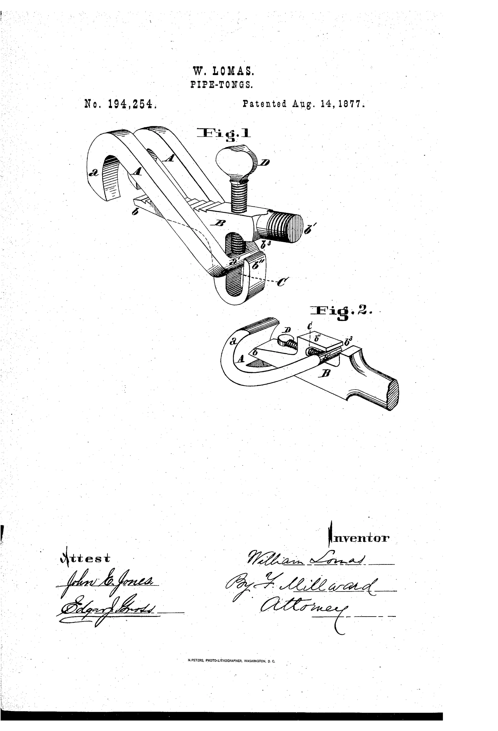 Patent drawing of a pipe-tong wrench showing a curved hooked link, a long lever handle with a threaded shank, and a knurled adjusting screw with a ball-shaped knob used to set the pinching point against a pipe.