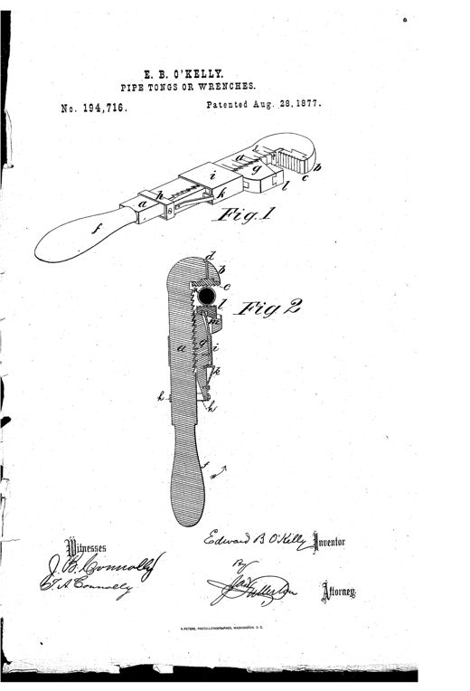 Patent drawing of a pipe wrench showing a long wooden handle attached to a shank with a fixed toothed jaw and an adjustable sliding bar bearing a spring-mounted wedge-shaped jaw, with a cutaway section revealing the internal ratchet and spring mechanism.