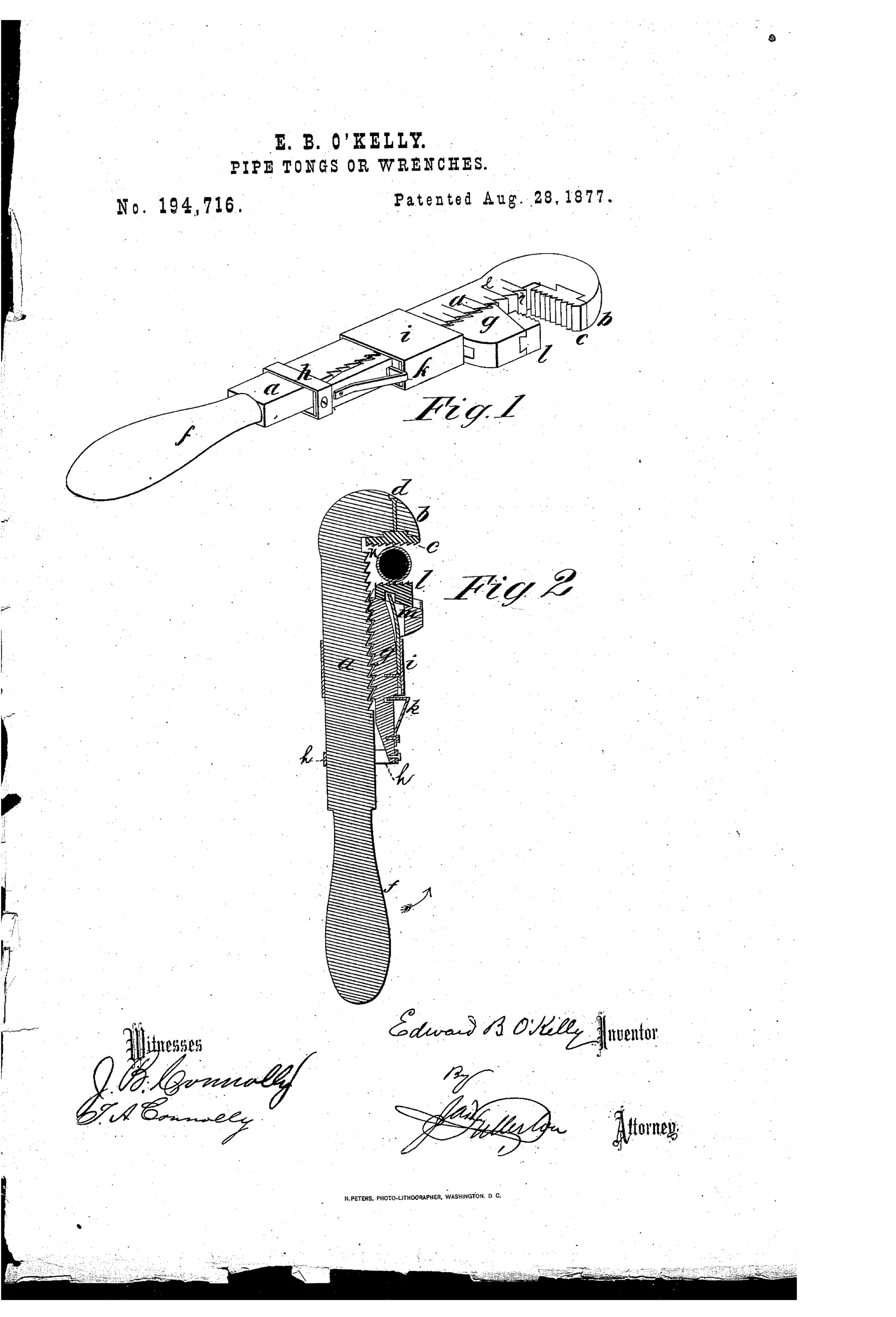 Patent drawing of a pipe wrench showing a long wooden handle attached to a shank with a fixed toothed jaw and an adjustable sliding bar bearing a spring-mounted wedge-shaped jaw, with a cutaway section revealing the internal ratchet and spring mechanism.
