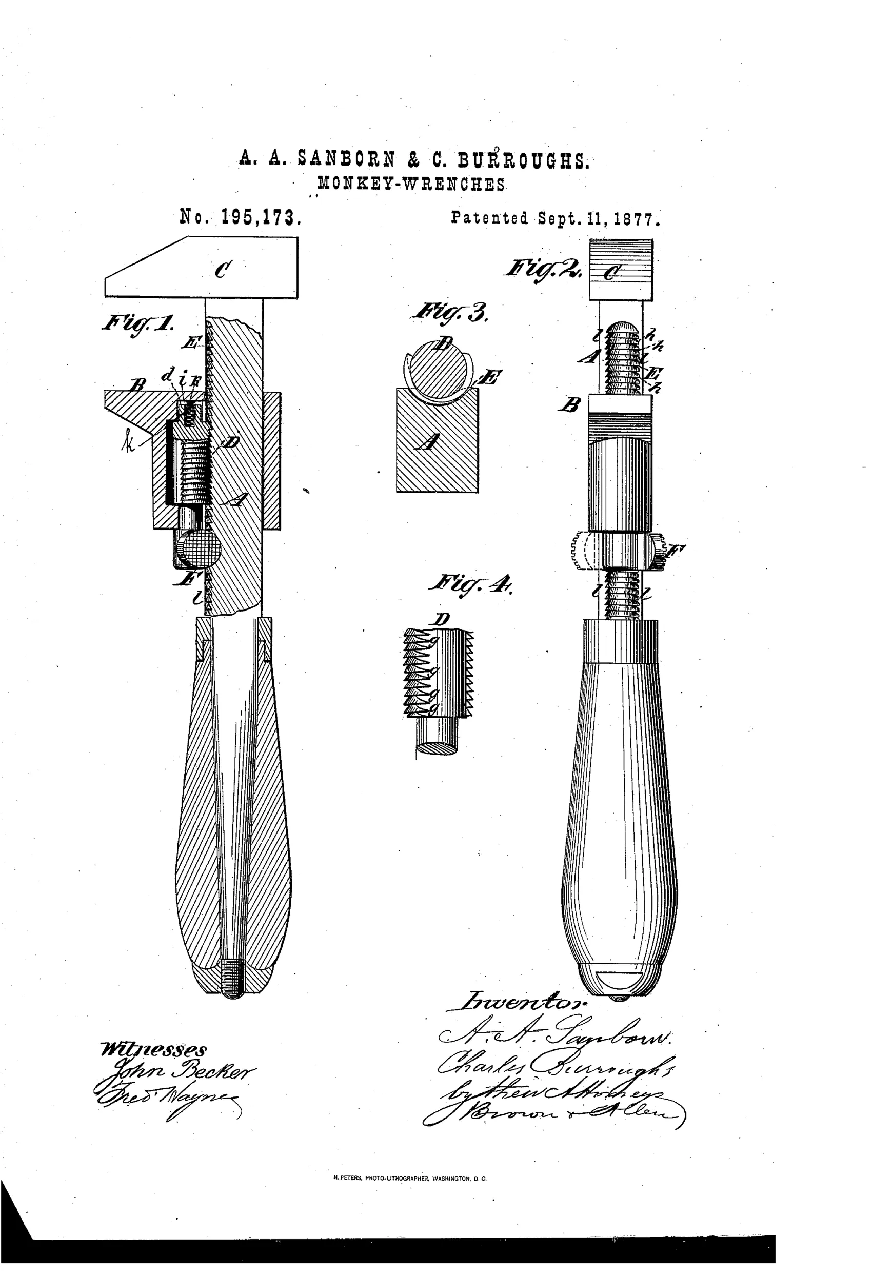 Patent drawing of a monkey wrench showing a fixed jaw at top, a sliding movable jaw with an internal locking screw and thumb-piece, a cross-section of the bar's mutilated threads, and a tapered wooden handle below, with hand-lettered part labels A through h.