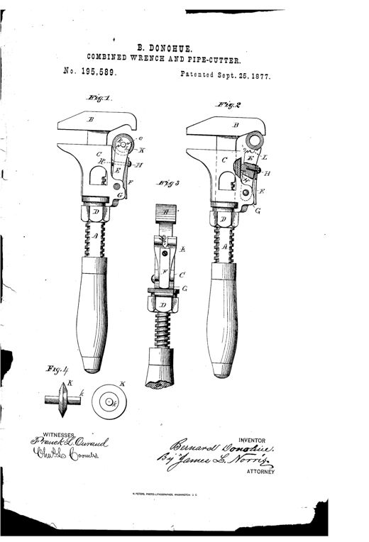 Patent drawing showing four figures of a 19th-century combination wrench and pipe cutter, including full side views with wooden handles, a top view of the jaw mechanism, and a small detached rotary cutting disk on a shaft.