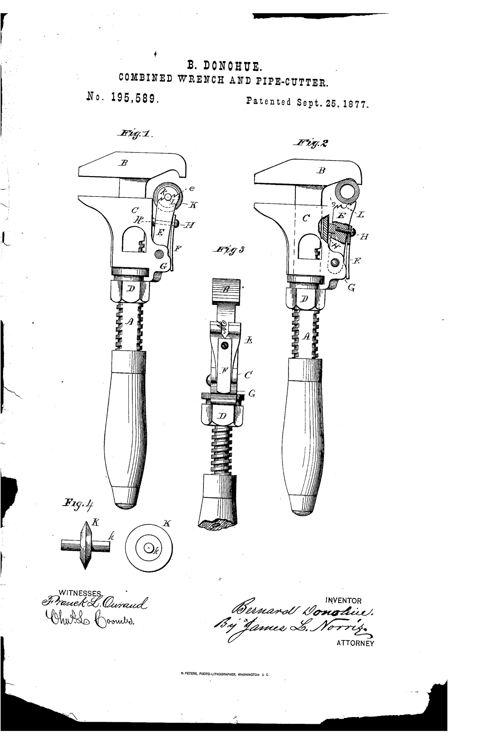 Patent drawing showing four figures of a 19th-century combination wrench and pipe cutter, including full side views with wooden handles, a top view of the jaw mechanism, and a small detached rotary cutting disk on a shaft.