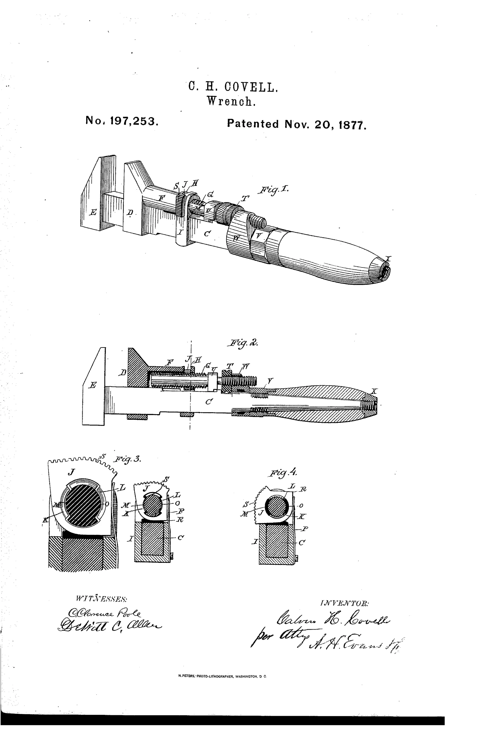 Patent drawing of a 19th-century monkey wrench showing a perspective view with labeled jaws, sliding stem, threaded nut, and handle ferrule, along with a longitudinal cross-section and two transverse sections illustrating the locking nut mechanism.