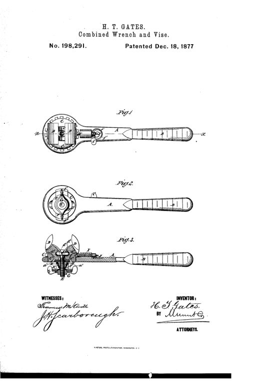Patent drawing of a combined wrench and vise showing a ratcheting head with two clamping jaws atop a long ruled handle, with a cross-sectional detail of the internal bolt, spring, and bridge mechanism.