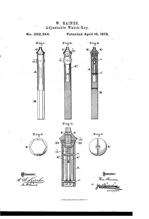 Patent drawing of an adjustable watch key showing a tubular shank with a stem handle at one end and expandable gripping jaws driven by internal gearing at the other, with cross-section and end views illustrating the mechanism.