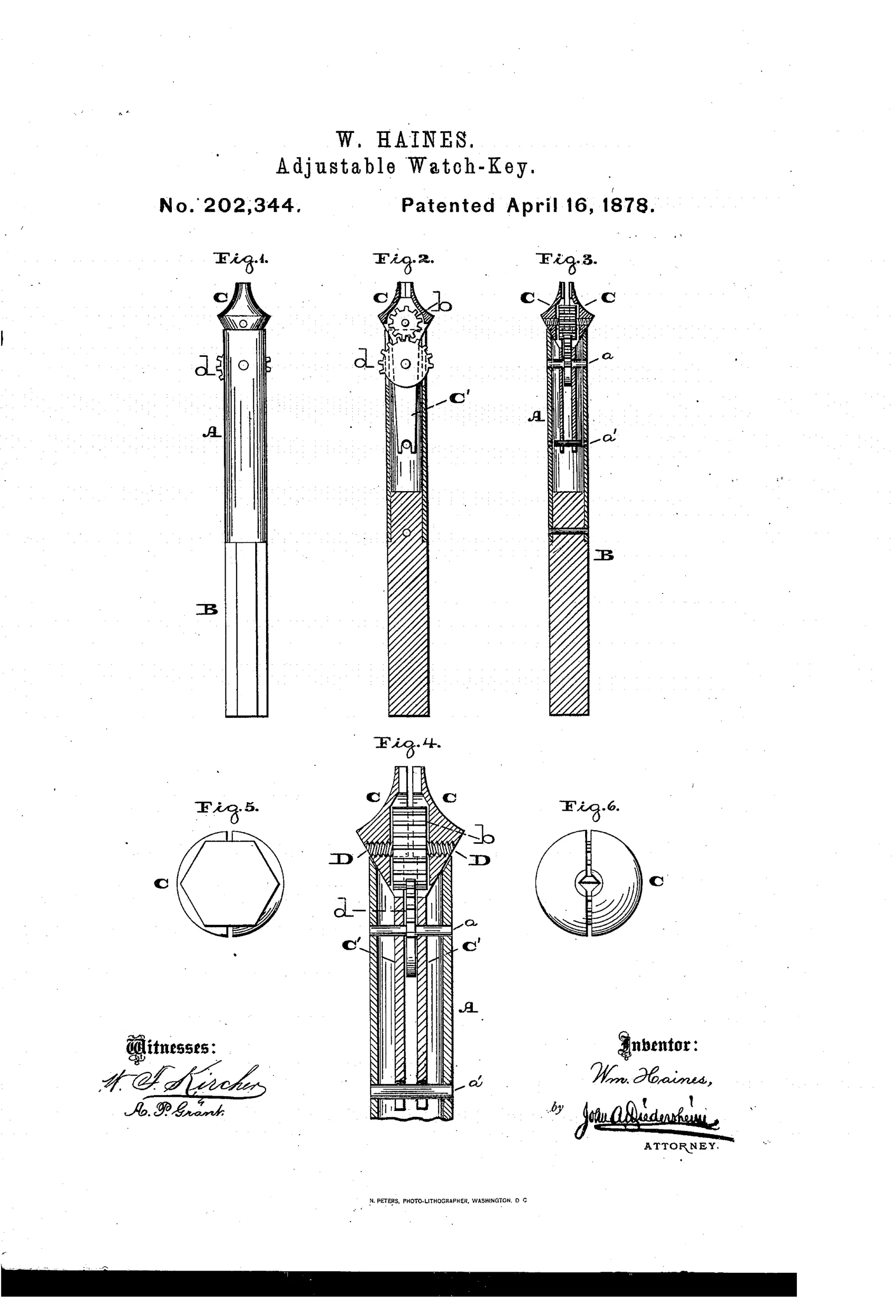 Patent drawing of an adjustable watch key showing a tubular shank with a stem handle at one end and expandable gripping jaws driven by internal gearing at the other, with cross-section and end views illustrating the mechanism.