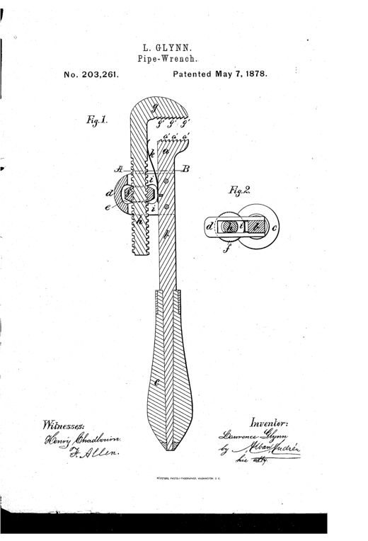 Patent drawing of a pipe wrench showing a hooked stationary jaw with inward-pointing teeth, a movable toothed jaw sliding on a threaded shank through a slotted frame, an egg-shaped adjusting nut, and a long tapered wooden handle, with a separate cross-section view labeled Fig. 2 showing the nut and slot arrangement.
