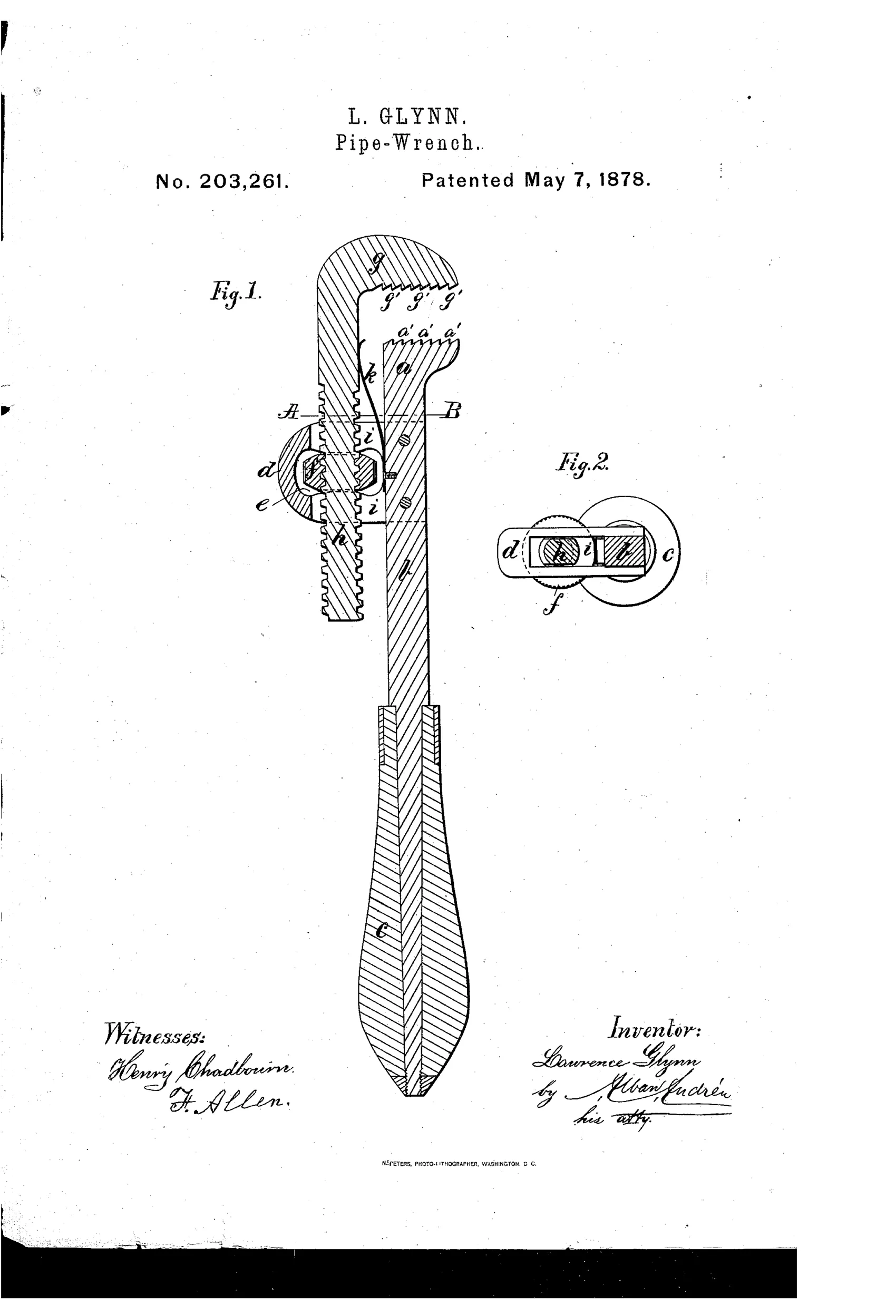 Patent drawing of a pipe wrench showing a hooked stationary jaw with inward-pointing teeth, a movable toothed jaw sliding on a threaded shank through a slotted frame, an egg-shaped adjusting nut, and a long tapered wooden handle, with a separate cross-section view labeled Fig. 2 showing the nut and slot arrangement.